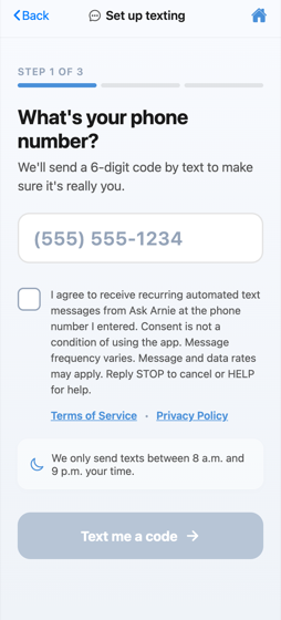 App screen: phone number entry with the consent checkbox unchecked and the continue button disabled