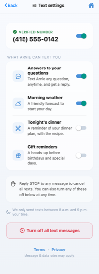 App screen: text settings with per-category toggles and a turn off all text messages button